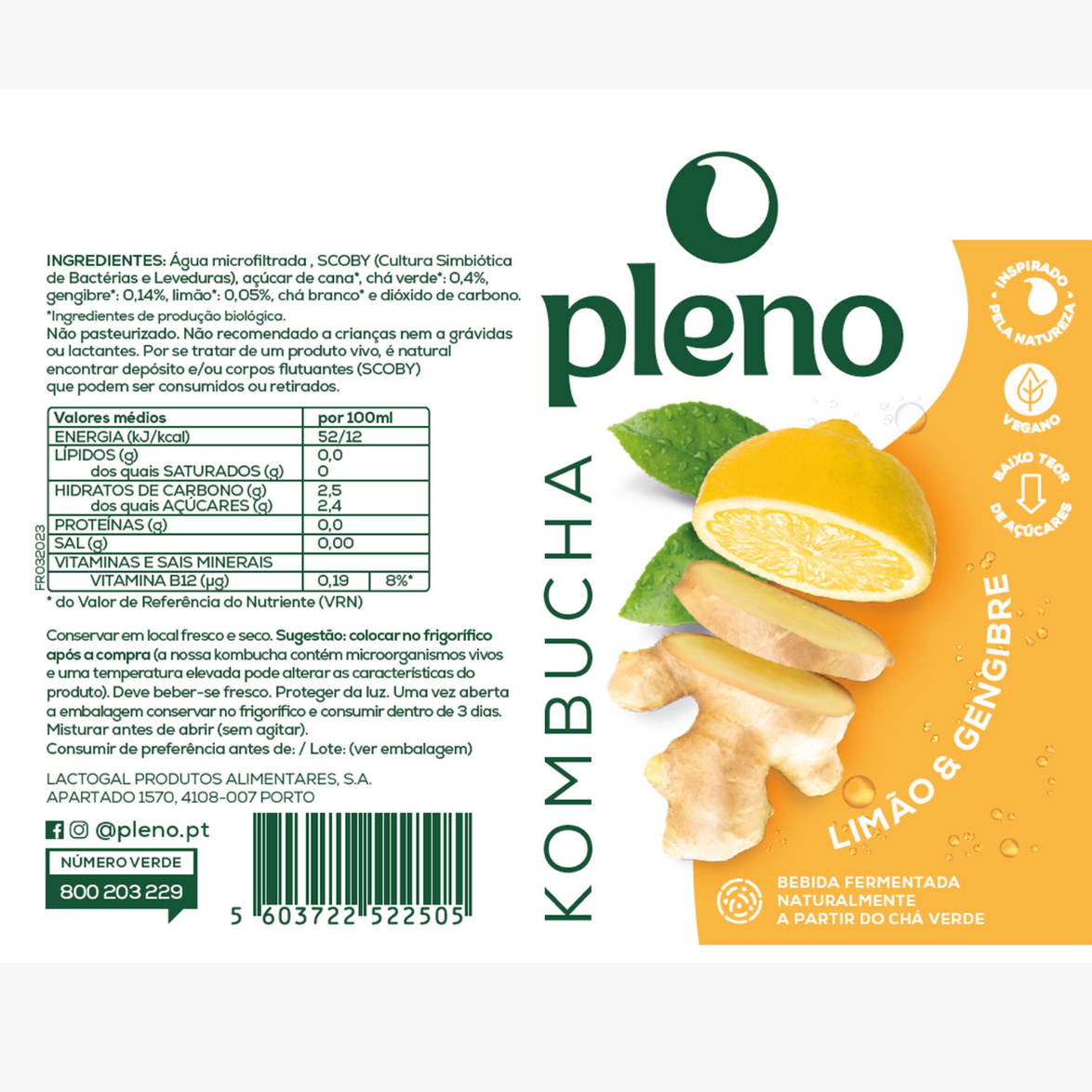 Pleno Kombucha Limão & Gengibre 33cl