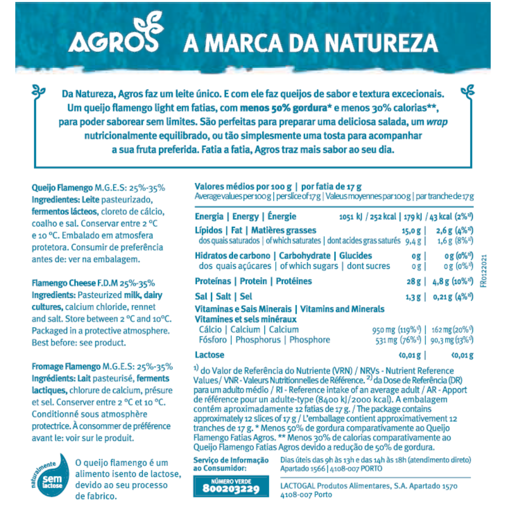 Queijo Flamengo Fatiado Magro Agros 170g