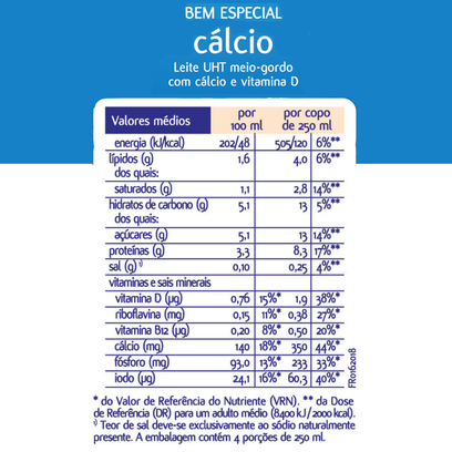 Leite UHT Meio Gordo Cálcio Mimosa 1L