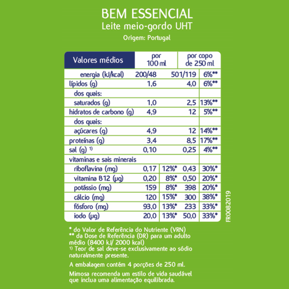 Leite UHT Meio Gordo Mimosa