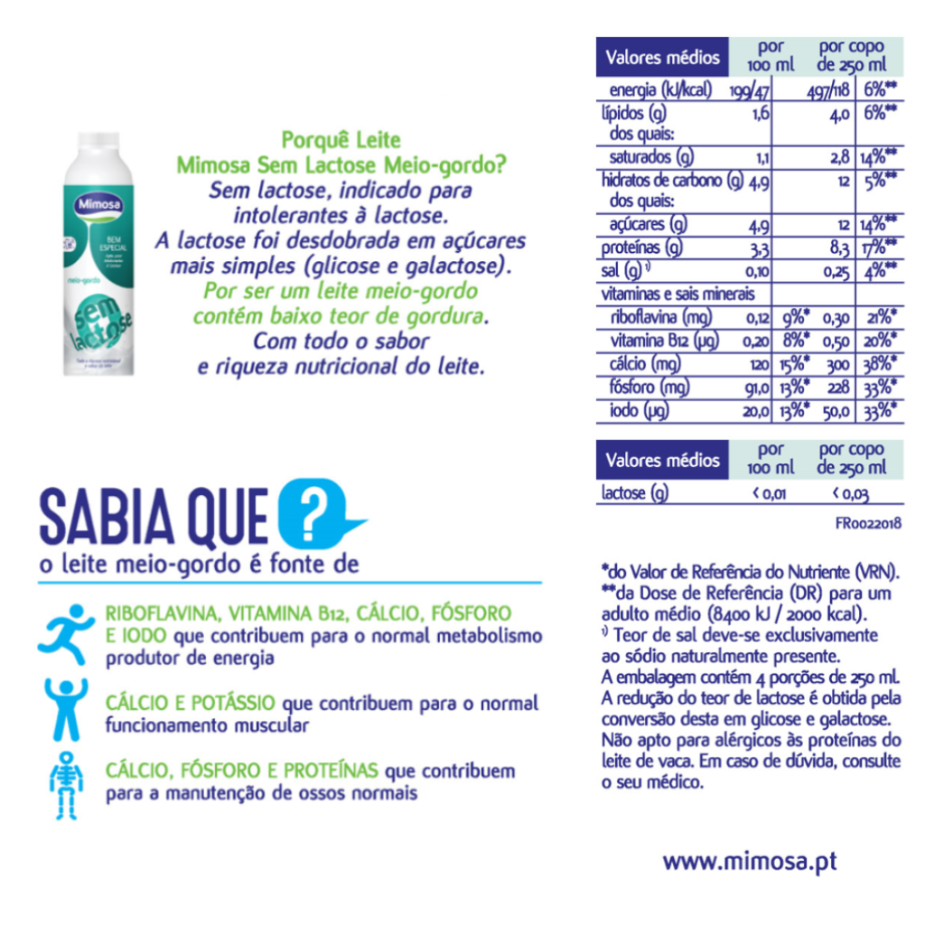 Leite UHT Meio Gordo Sem Lactose Mimosa