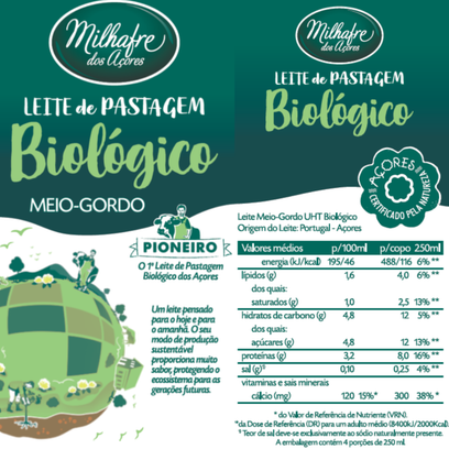 Leite Biológico Meio Gordo Pastagem Milhafre 1L